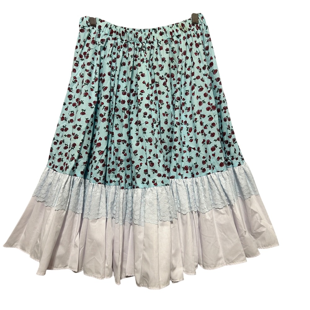 VTG Dancing Duds Skirt L Blue Floral Lace Tiered Prairie Cottagecore Cowgirl‎